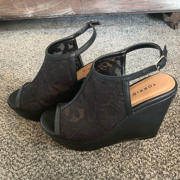 black lace wedge booties